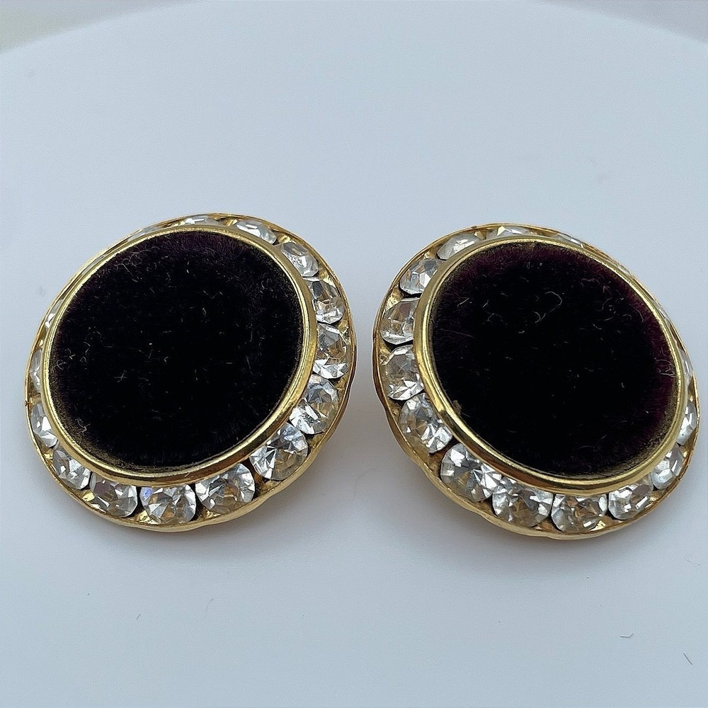 Vintage 80s Gold Tone Clear Rhinestone Black Velvet Earrings Women's Jewelry Y2K